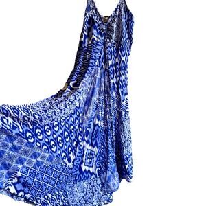 tropical Maxi dress flowy artsy Blue Resort Fairycore Beach BOHO Sea Lustre L